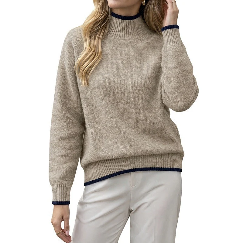 Damen Kaschmir-Optik Stehkragenpullover mit kontrastierten Bündchen Nord Taschen