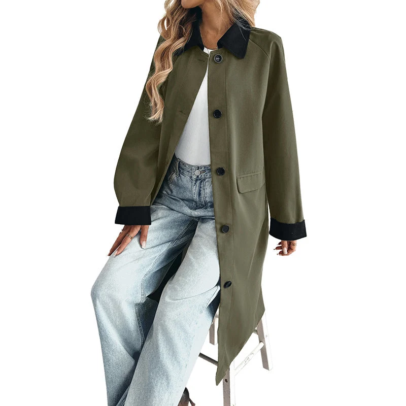 Damen langer Trenchcoat mit kontrastkragen und Umschlagmanschetten Nord Taschen