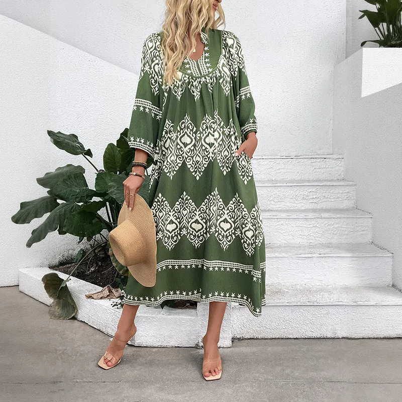 Damen Langes Boho‑Maxikleid mit lockerer A‑Linie, U‑Ausschnitt und aufgesetzten Taschen Nord Taschen
