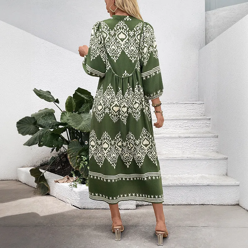 Damen Langes Boho‑Maxikleid mit lockerer A‑Linie, U‑Ausschnitt und aufgesetzten Taschen Nord Taschen
