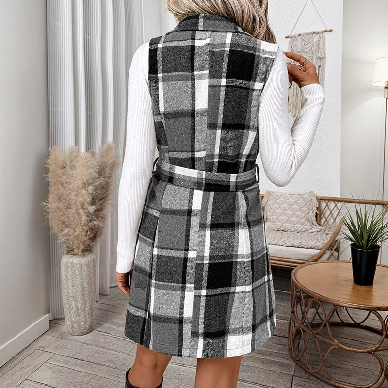 Damen Langes kariertes Mantel-Gilet mit Revers, Taillengürtel und Eingrifftaschen Nord Taschen