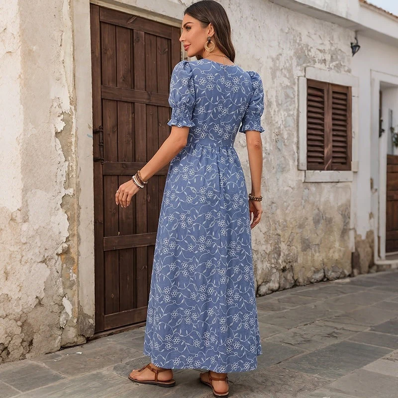 Damen Langes Leichtes Sommer-Maxikleid mit quadratischem Ausschnitt, Puffärmeln und floraler Stickoptik Nord Taschen