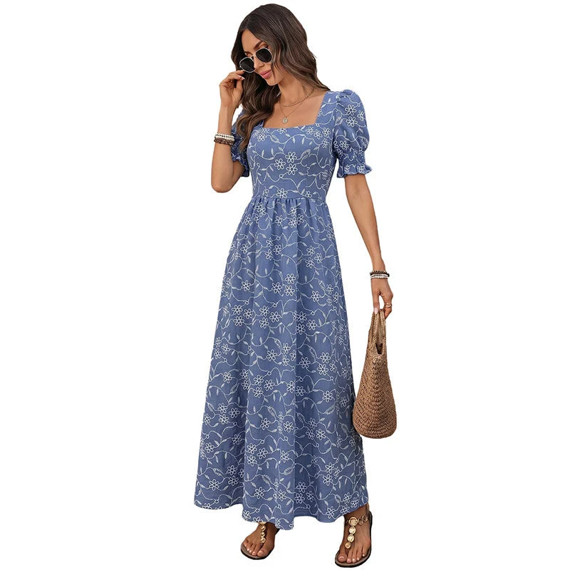 Damen Langes Leichtes Sommer-Maxikleid mit quadratischem Ausschnitt, Puffärmeln und floraler Stickoptik Nord Taschen
