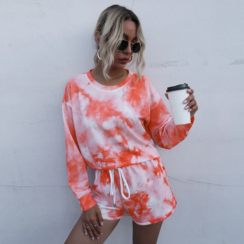 Damen Zweiteiliges Lounge-Set aus Baumwollmix mit Batik-Print, Cropped Sweatshirt & Elastik-Shorts Nord Taschen