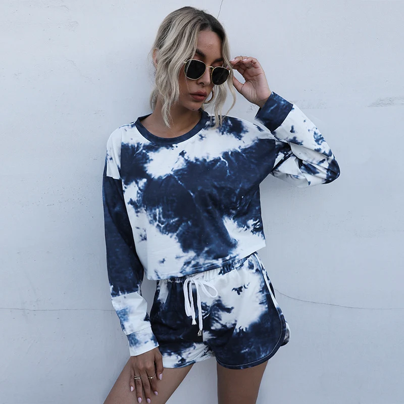 Damen Zweiteiliges Lounge-Set aus Baumwollmix mit Batik-Print, Cropped Sweatshirt & Elastik-Shorts Nord Taschen