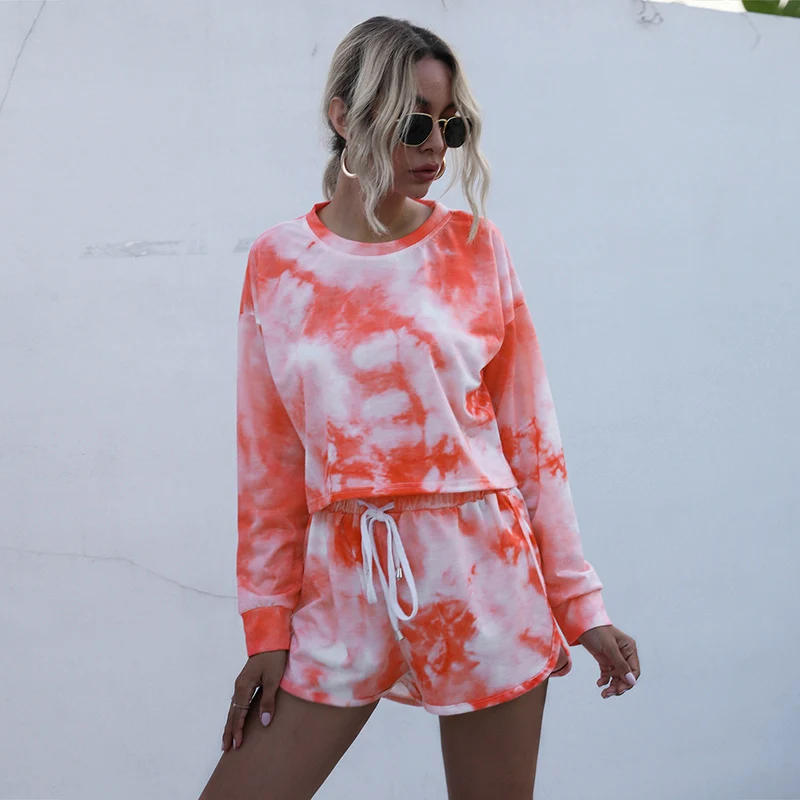 Damen Zweiteiliges Lounge-Set aus Baumwollmix mit Batik-Print, Cropped Sweatshirt & Elastik-Shorts Nord Taschen