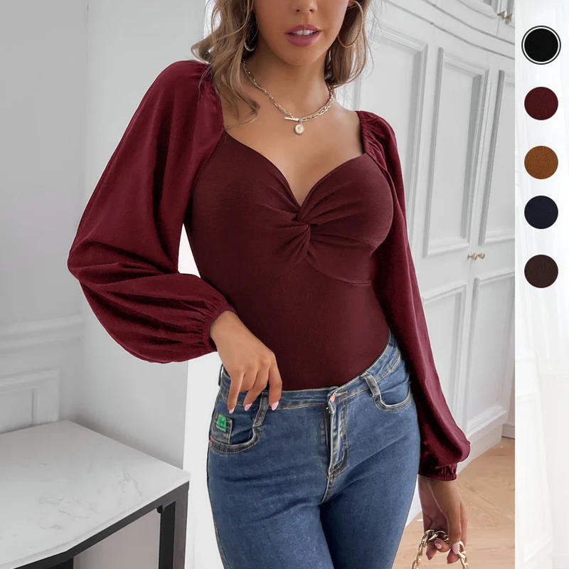 Damen Taillierter Body mit Herz-Ausschnitt, Knotenfront und Ballonärmeln Nord Taschen