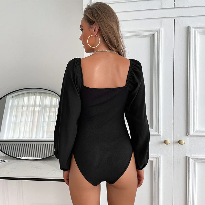 Damen Taillierter Body mit Herz-Ausschnitt, Knotenfront und Ballonärmeln Nord Taschen