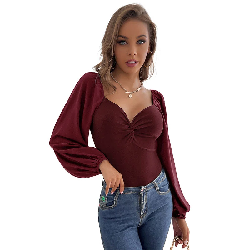 Damen Taillierter Body mit Herz-Ausschnitt, Knotenfront und Ballonärmeln Nord Taschen
