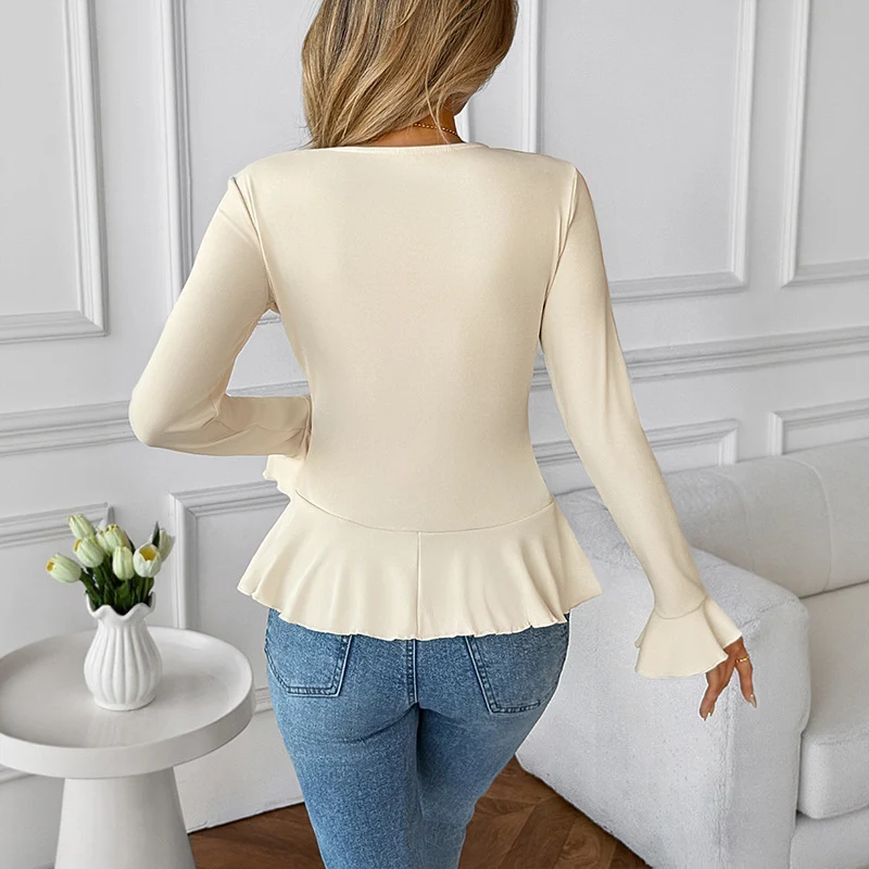 Damen Taillierte Rüschenbluse mit V‑Ausschnitt und Volantbesatz Nord Taschen