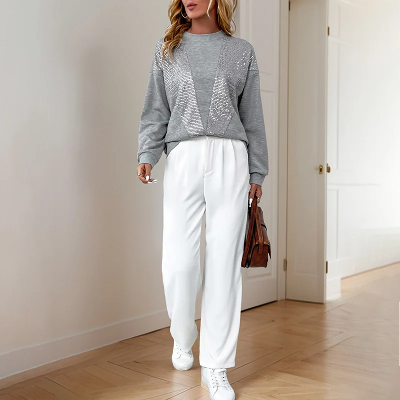 Damen Sweatshirt mit Pailletten‑V‑Einsatz, Rundhals und legerer Passform Nord Taschen