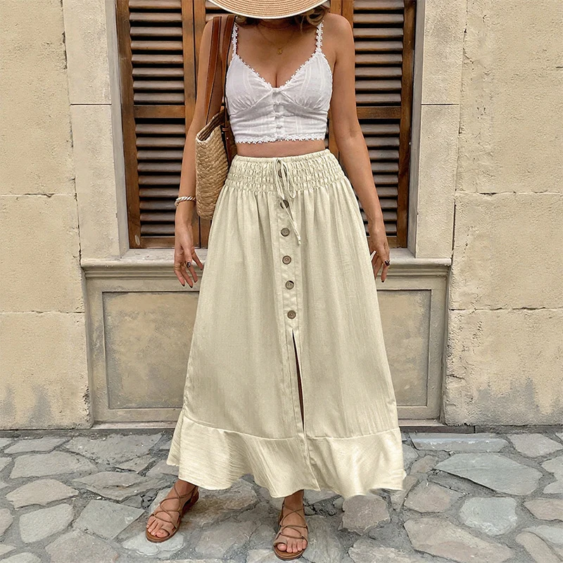 Damen Sommerlicher Maxirock mit Smockbund, durchgehender Knopfleiste, Seitenschlitz und Volant Nord Taschen