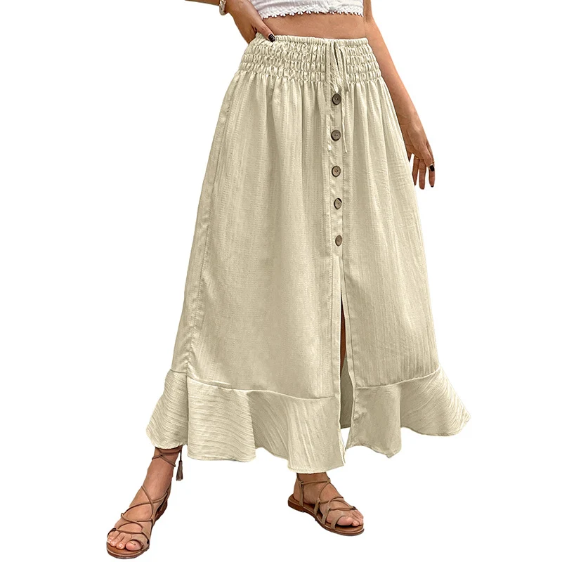 Damen Sommerlicher Maxirock mit Smockbund, durchgehender Knopfleiste, Seitenschlitz und Volant Nord Taschen