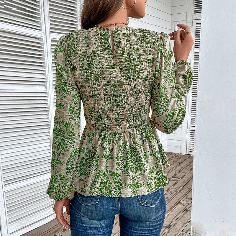 Damen Smock-Bluse mit Raffung, Ballonärmeln und Ornament-Print Nord Taschen
