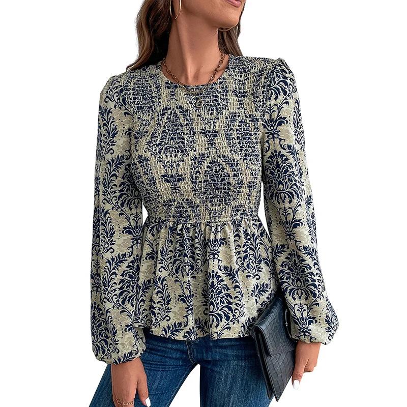 Damen Smock-Bluse mit Raffung, Ballonärmeln und Ornament-Print Nord Taschen
