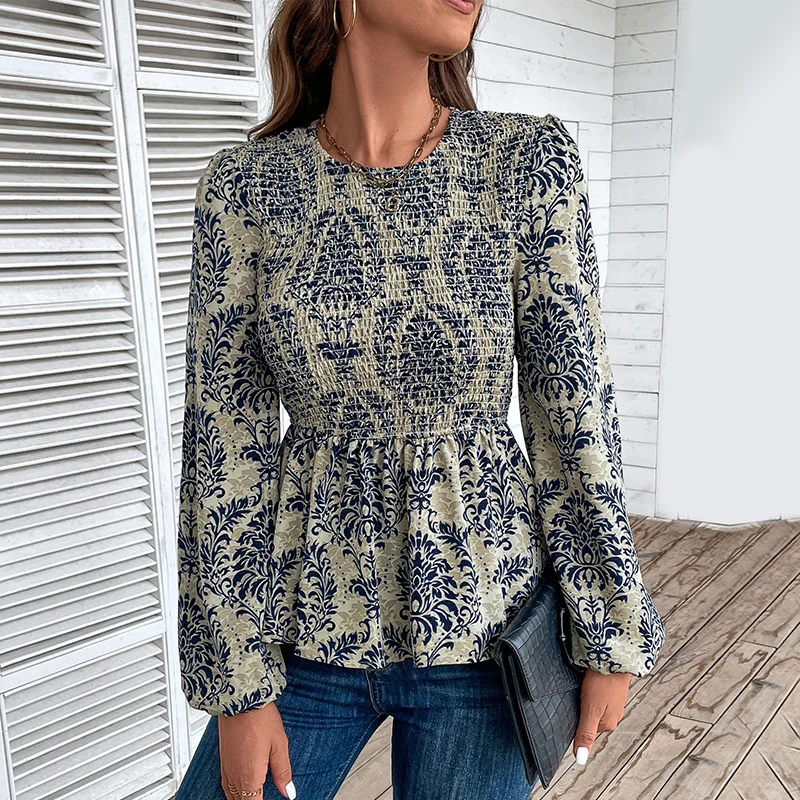 Damen Smock-Bluse mit Raffung, Ballonärmeln und Ornament-Print Nord Taschen