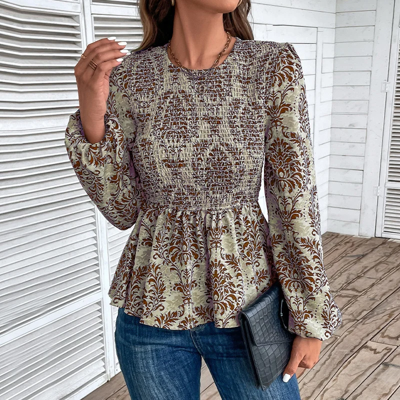 Damen Smock-Bluse mit Raffung, Ballonärmeln und Ornament-Print Nord Taschen