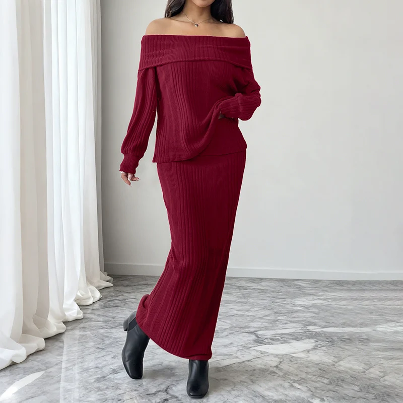 Damen Schulterfreies Rippstrick-Set mit Carmen-Ausschnitt und figurbetontem Maxi-Rock Nord Taschen