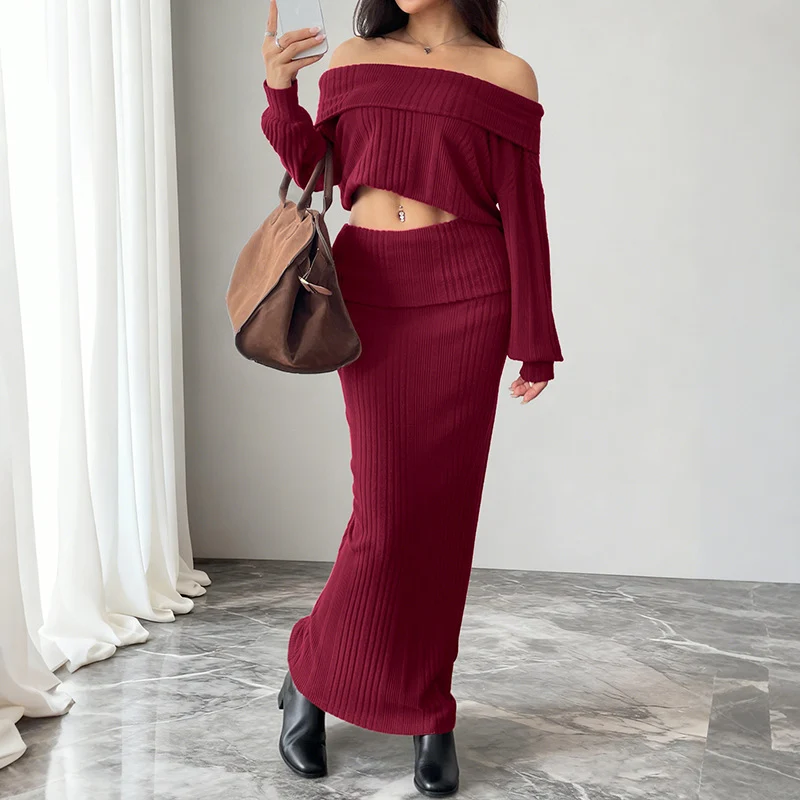 Damen Schulterfreies Rippstrick-Set mit Carmen-Ausschnitt und figurbetontem Maxi-Rock Nord Taschen