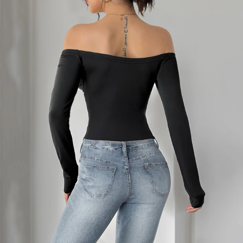 Damen Schulterfreies Longsleeve mit Rosenapplikation und taillierter Raffung Nord Taschen