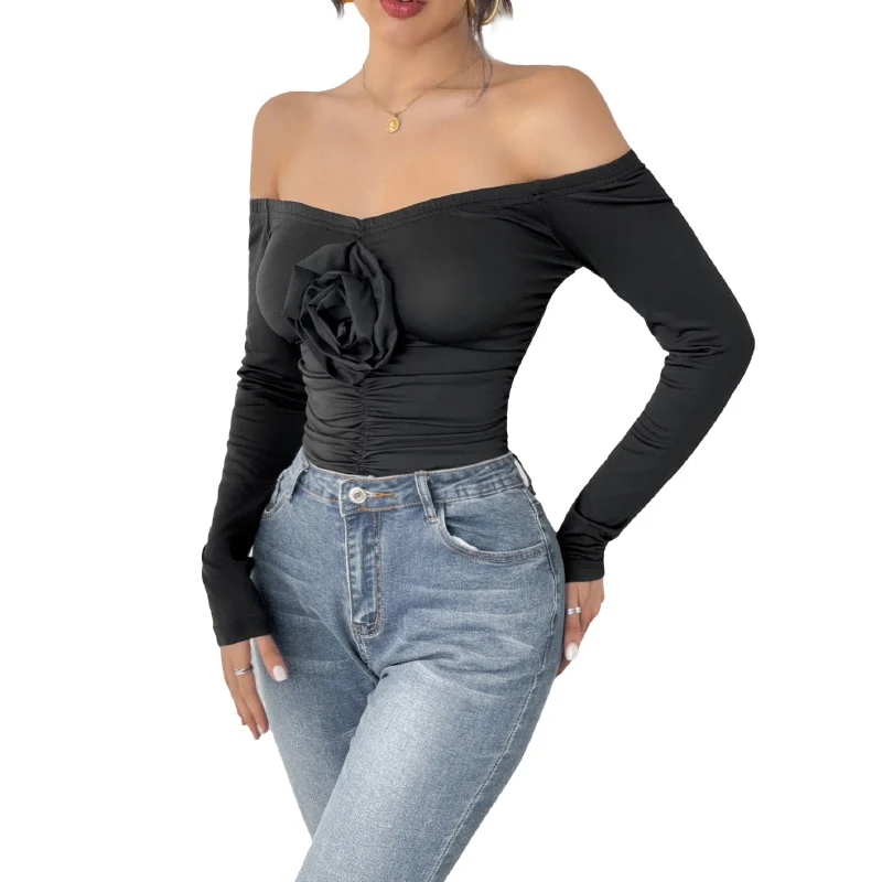 Damen Schulterfreies Longsleeve mit Rosenapplikation und taillierter Raffung Nord Taschen
