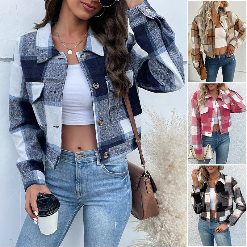 Damen Kurz geschnittene karierte Overshirt‑Jacke mit Brustklappen und Holzknöpfen Nord Taschen