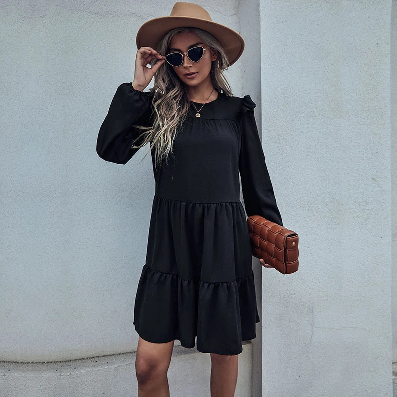 Damen Stufiges Minikleid mit Rüschen-Schultern und Langarm Nord Taschen