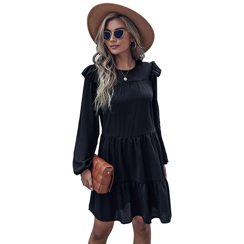 Damen Stufiges Minikleid mit Rüschen-Schultern und Langarm Nord Taschen