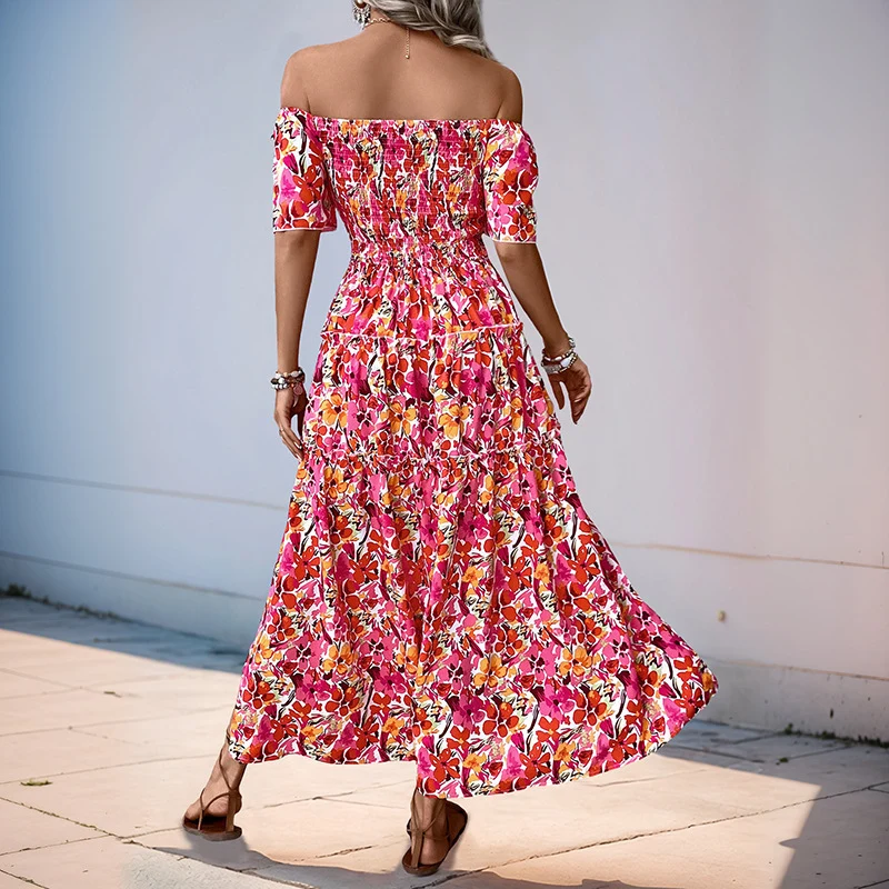 Damen Stufiges Maxikleid mit Carmen‑Ausschnitt, Smok‑Bustier und Seitenschlitz Nord Taschen