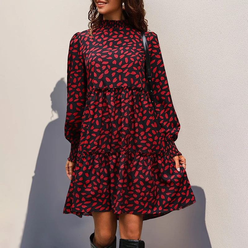 Damen Stufiges Babydoll-Midikleid mit Smokkragen, Volantstufen und gerafften Manschetten Nord Taschen