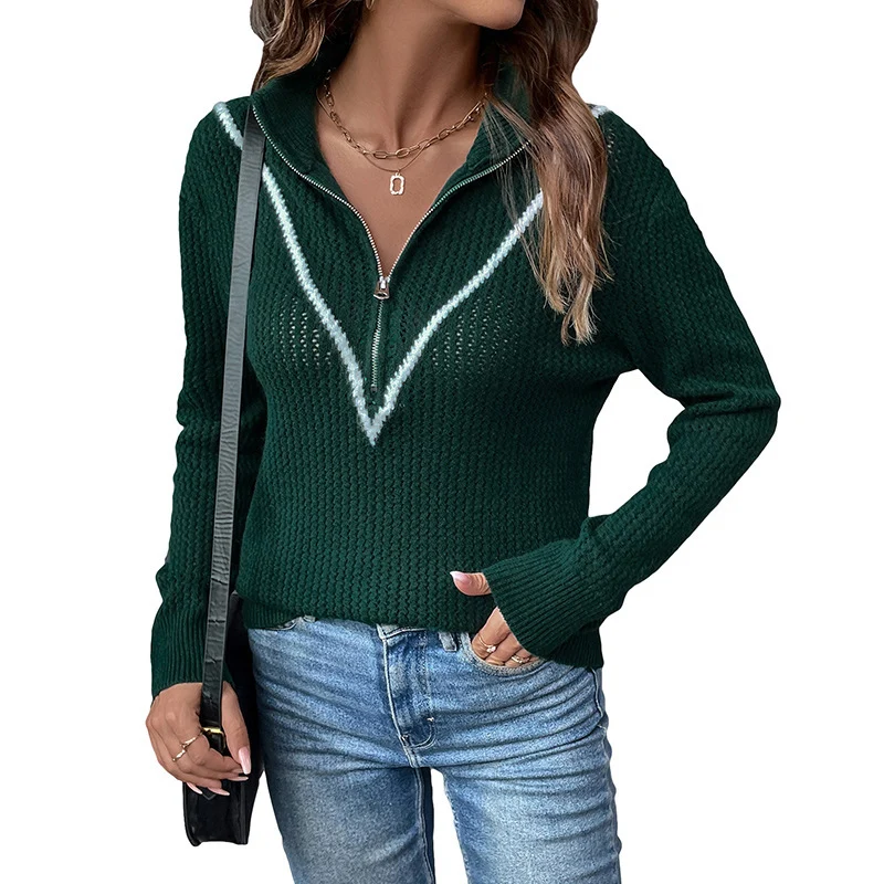 Damen Strukturiertes Waffelstrick-Pullover mit halbem Reißverschluss und V‑Yoke Nord Taschen