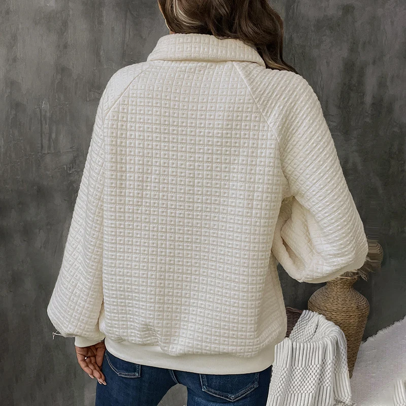 Damen Strukturierter Waffelstrick-Pullover mit Polokragen und Zierknopfleiste Nord Taschen