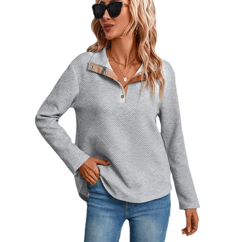 Damen Strukturierter Waffelstrick-Henley-Pullover mit Stehkragen und Druckknopfleiste Nord Taschen