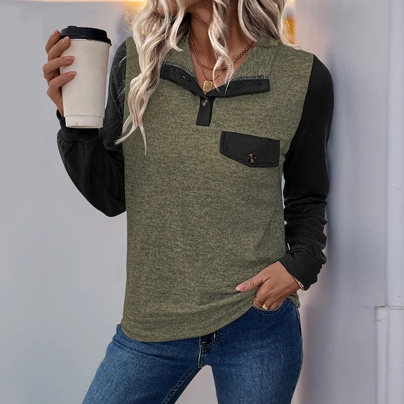 Damen Zweifarbiges Henley-Longsleeve mit Brusttaschenblende und gerippten Bündchen Nord Taschen