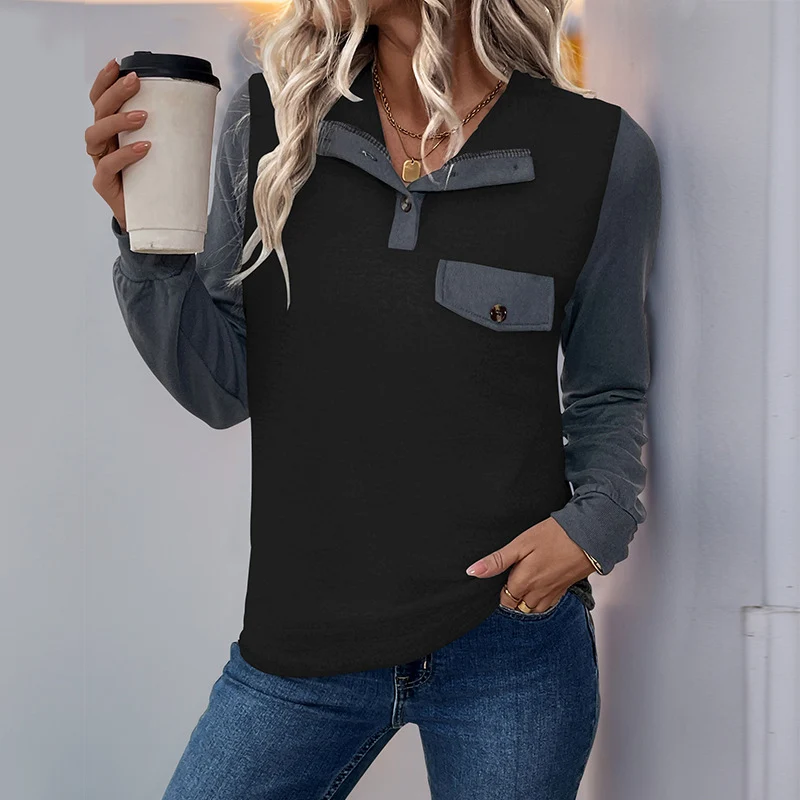 Damen Zweifarbiges Henley-Longsleeve mit Brusttaschenblende und gerippten Bündchen Nord Taschen