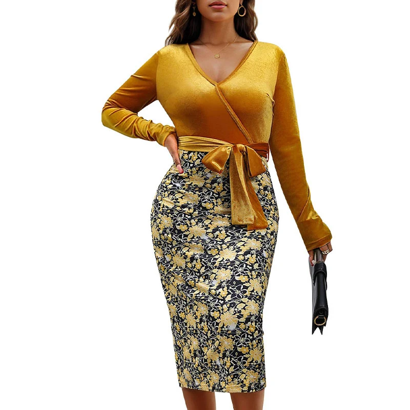 Damen Wickelkleid mit Samtoberteil und floraler Jacquard-Bleistiftrock Nord Taschen
