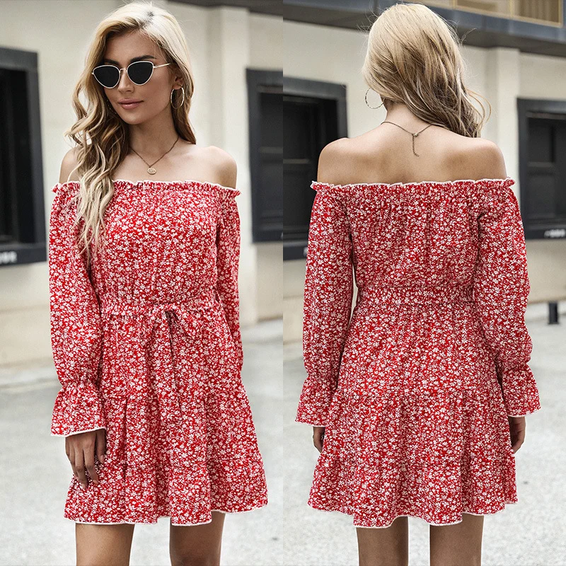 Damen schulterfreies Blumenkleid mit Carmenausschnitt, Taillenschnürung und Rüschensaum Nord Taschen