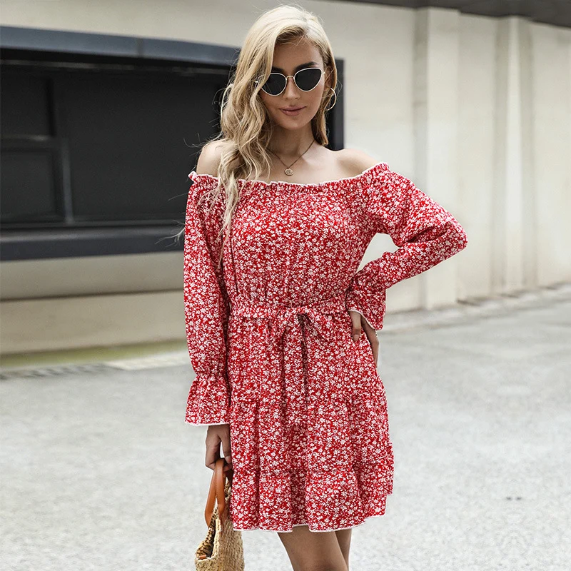 Damen schulterfreies Blumenkleid mit Carmenausschnitt, Taillenschnürung und Rüschensaum Nord Taschen