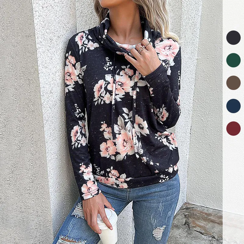 Damen Schlauchkragen-Sweatshirt mit floralem Alloverprint und Kordelzug Nord Taschen