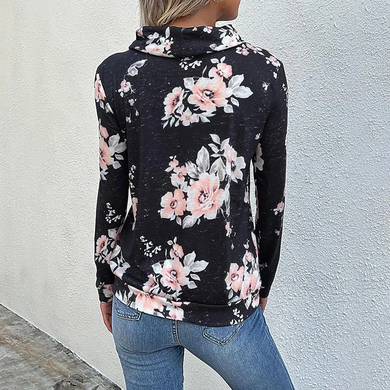 Damen Schlauchkragen-Sweatshirt mit floralem Alloverprint und Kordelzug Nord Taschen