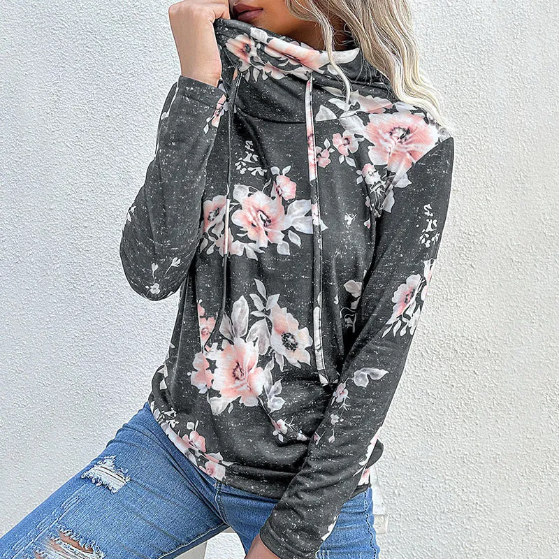 Damen Schlauchkragen-Sweatshirt mit floralem Alloverprint und Kordelzug Nord Taschen