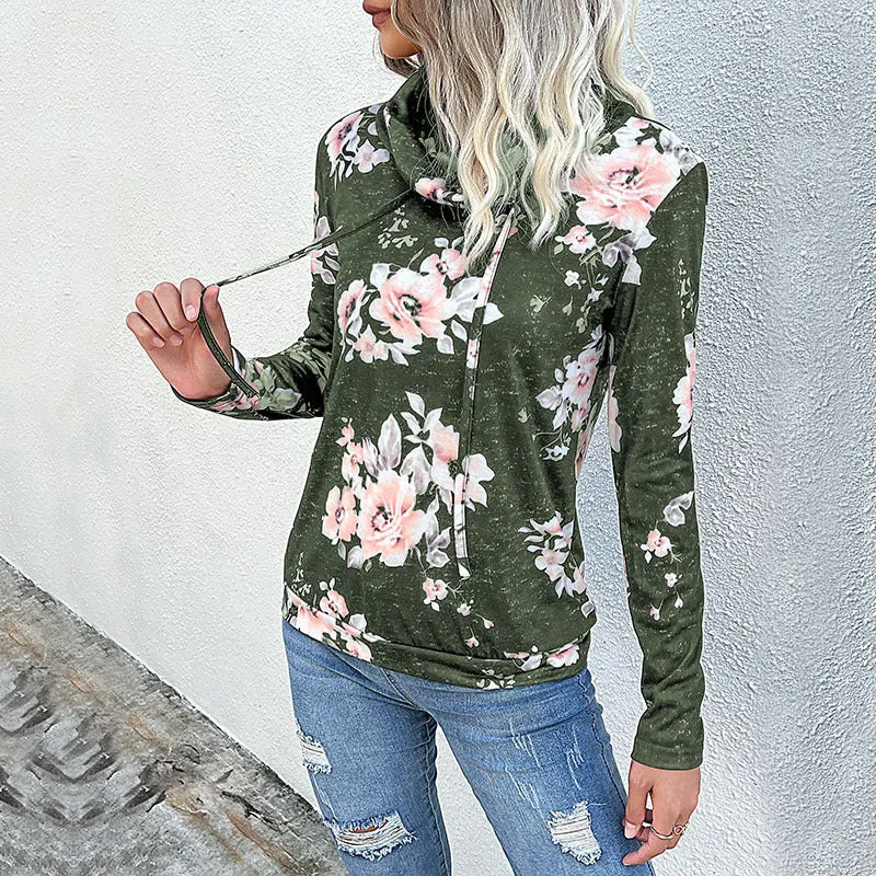 Damen Schlauchkragen-Sweatshirt mit floralem Alloverprint und Kordelzug Nord Taschen