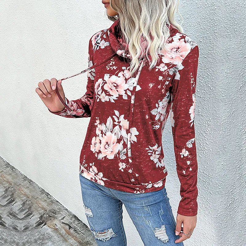 Damen Schlauchkragen-Sweatshirt mit floralem Alloverprint und Kordelzug Nord Taschen