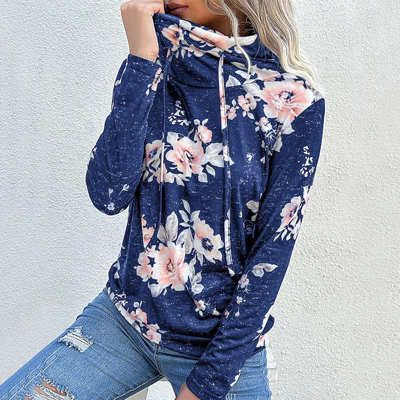 Damen Schlauchkragen-Sweatshirt mit floralem Alloverprint und Kordelzug Nord Taschen