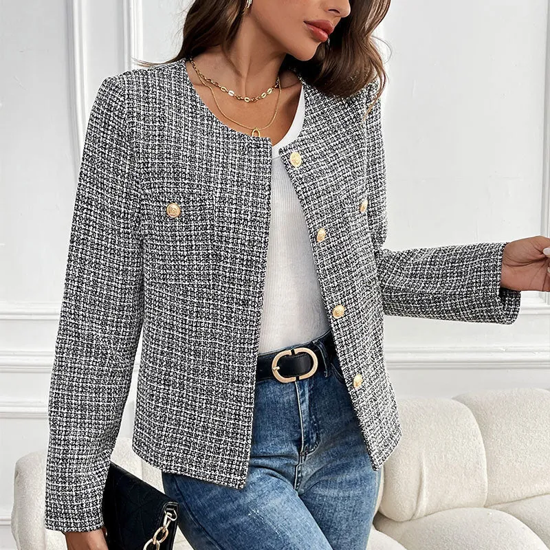 Damen Kurzblazer im Bouclé-Tweed mit rundem Ausschnitt & goldenen Zierknöpfen Nord Taschen