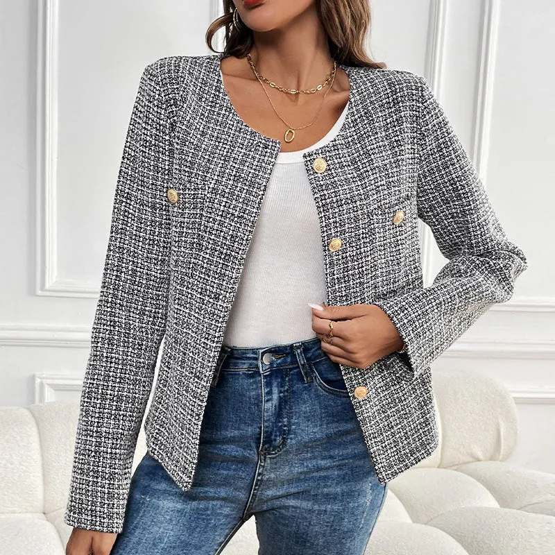 Damen Kurzblazer im Bouclé-Tweed mit rundem Ausschnitt & goldenen Zierknöpfen Nord Taschen