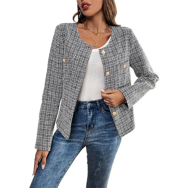 Damen Kurzblazer im Bouclé-Tweed mit rundem Ausschnitt & goldenen Zierknöpfen Nord Taschen