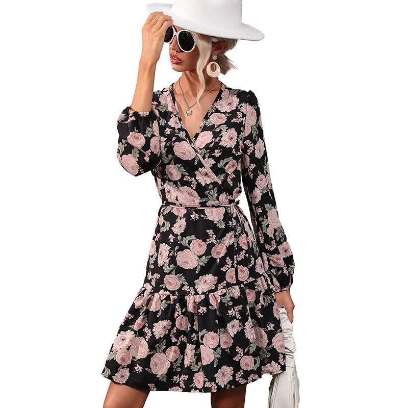 Damen Wickelkleid mit floralem Muster, V-Ausschnitt und Volant-Saum Nord Taschen
