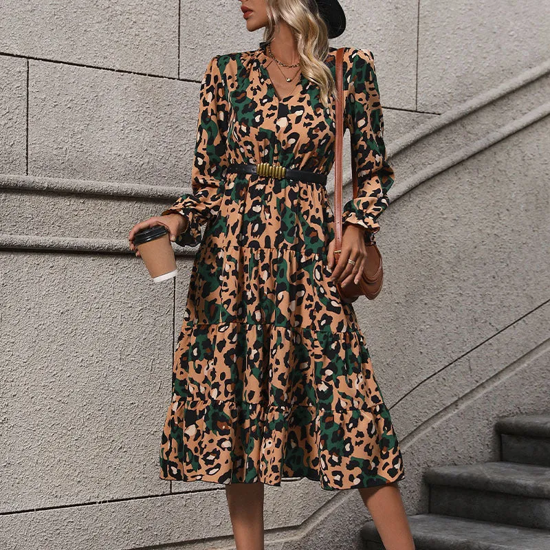 Damen Wickel-Midikleid mit Leopardenmuster, Stufenrock und elastischer Taillenpassform Nord Taschen