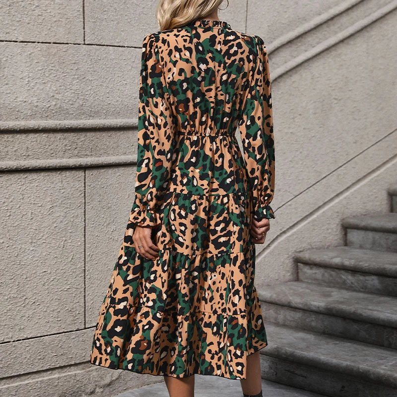Damen Wickel-Midikleid mit Leopardenmuster, Stufenrock und elastischer Taillenpassform Nord Taschen
